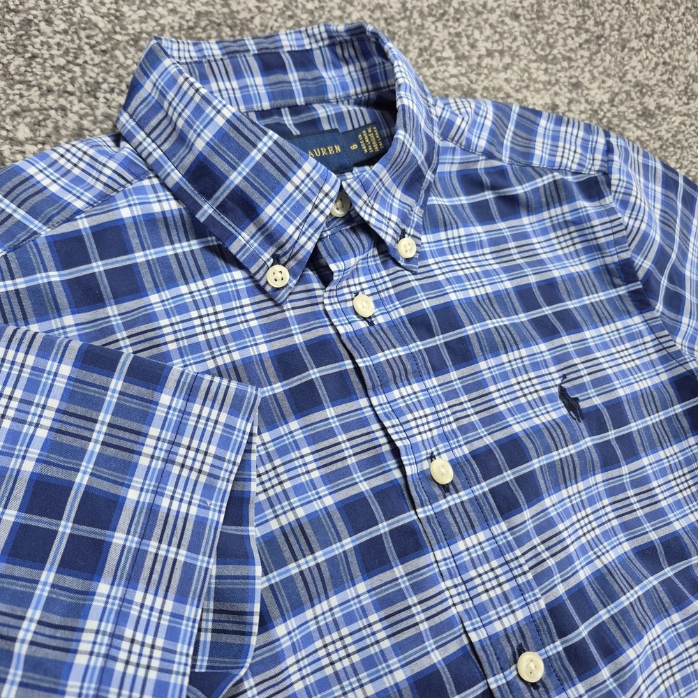 Ralph Lauren‎ Performance Button Up Shirt Boys Size 6 Blue Plaid Short Sleeve